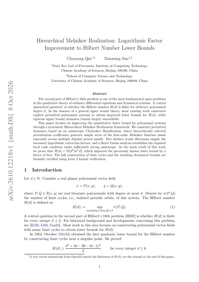 First page of Hierarchical Melnikov Realization: Logarithmic Factor Improvement to Hilbert Number Lower Bounds
