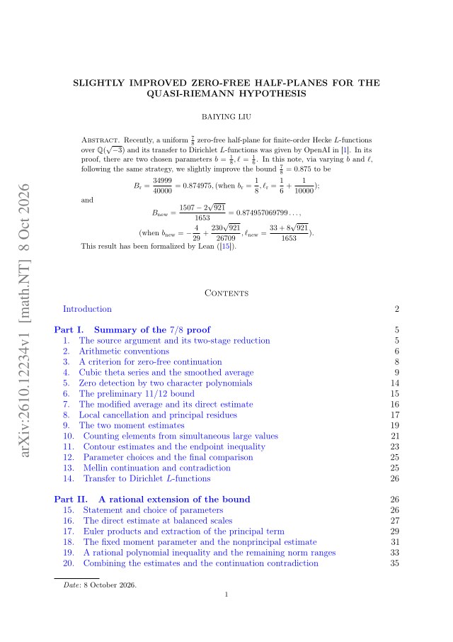 First page of Slightly improved zero-free half-planes for the quasi-Riemann hypothesis