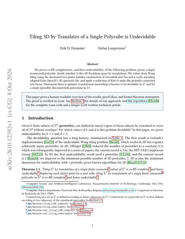 First page of Tiling 3D by Translates of a Single Polycube is Undecidable