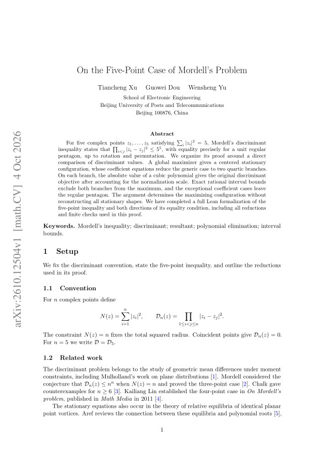 First page of On the Five-Point Case of Mordell's Problem