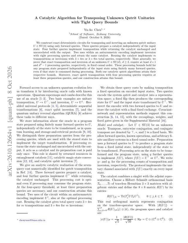 First page of A Catalytic Algorithm for Transposing Unknown Qutrit Unitaries with Tight Query Bounds