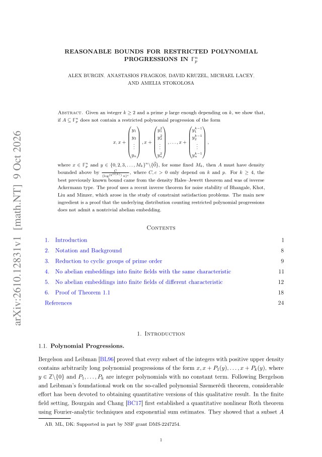 First page of Reasonable bounds for Restricted Polynomial Progressions in $\mathbb F^n_p$