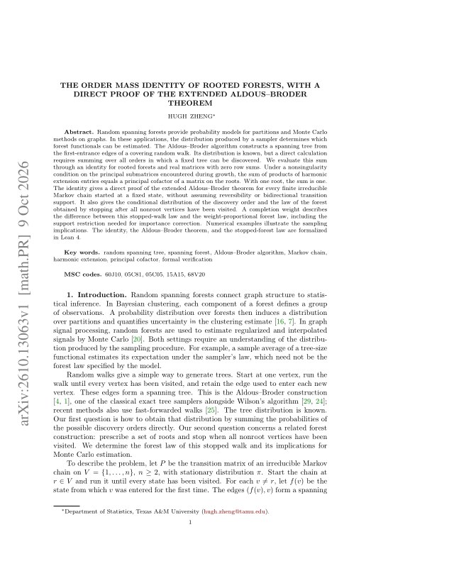 First page of The Order Mass Identity of Rooted Forests, with a Direct Proof of the Extended Aldous–Broder Theorem