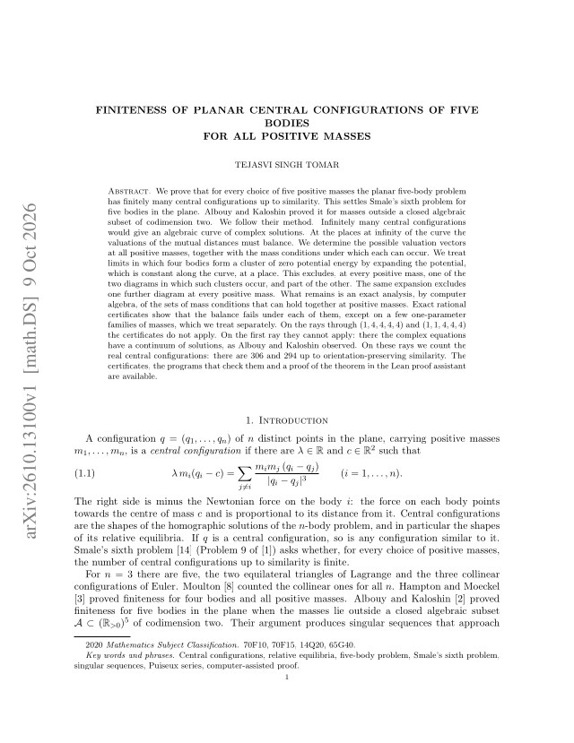 First page of Finiteness of planar central configurations of five bodies for all positive masses