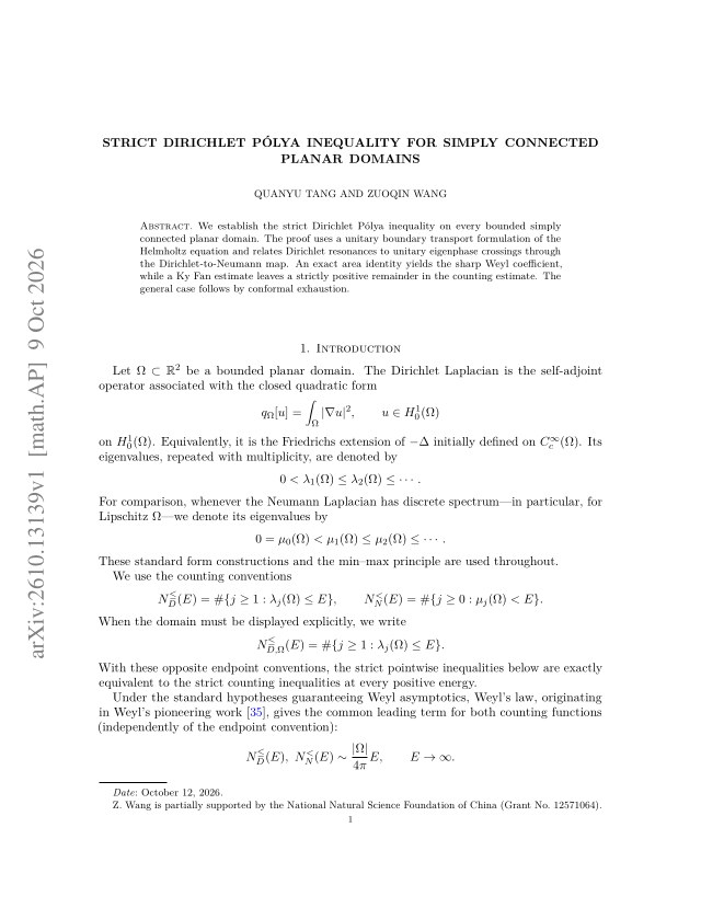 First page of Strict Dirichlet Pólya Inequality for Simply Connected Planar Domains
