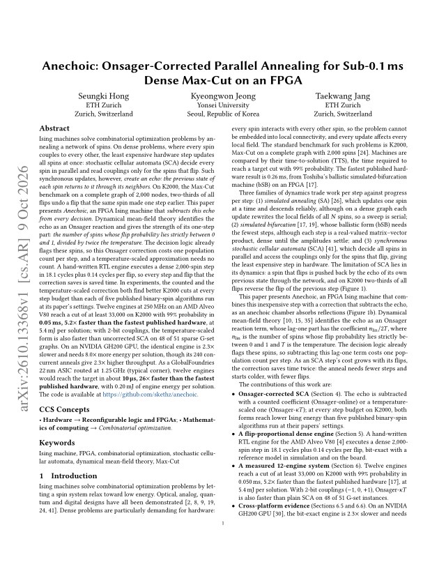 First page of Anechoic: Onsager-Corrected Parallel Annealing for Sub-0.1 ms Dense Max-Cut on an FPGA