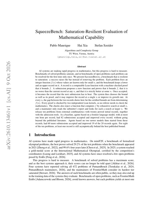 First page of SqueezeBench: Saturation-Resilient Evaluation of Mathematical Capability