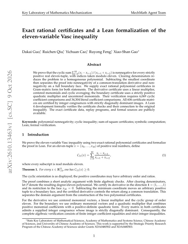 First page of Exact rational certificates and a Lean formalization of the eleven-variable Vasc inequality