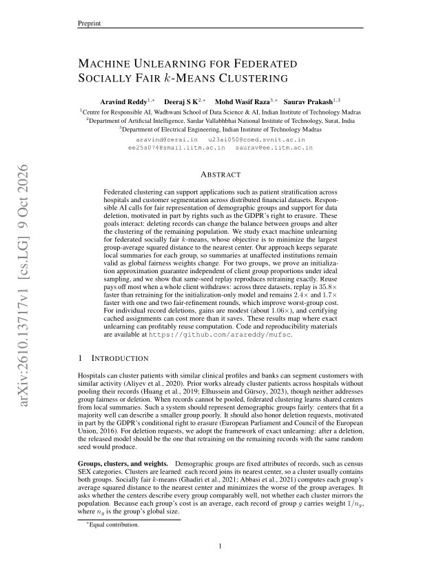 First page of Machine Unlearning for Federated Socially Fair k-Means Clustering