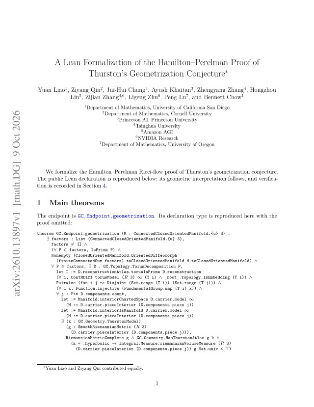 First page of A Lean Formalization of the Hamilton–Perelman Proof of Thurston's Geometrization Conjecture