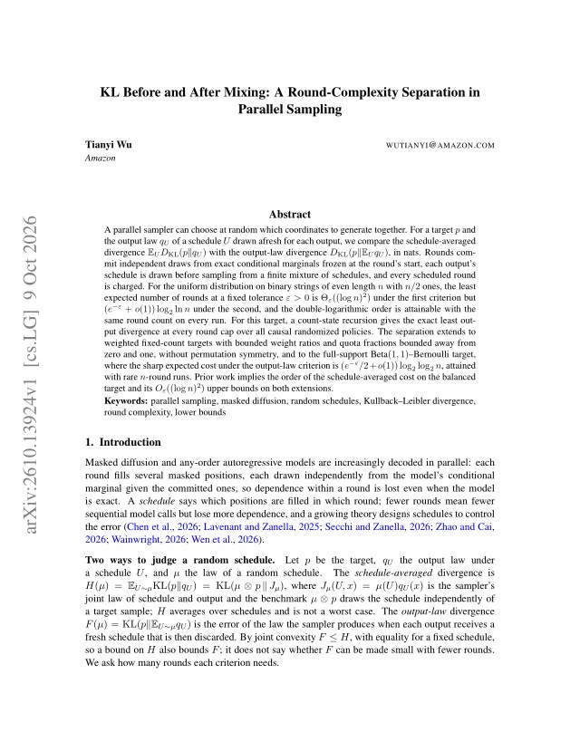 First page of KL Before and After Mixing: A Round-Complexity Separation in Parallel Sampling