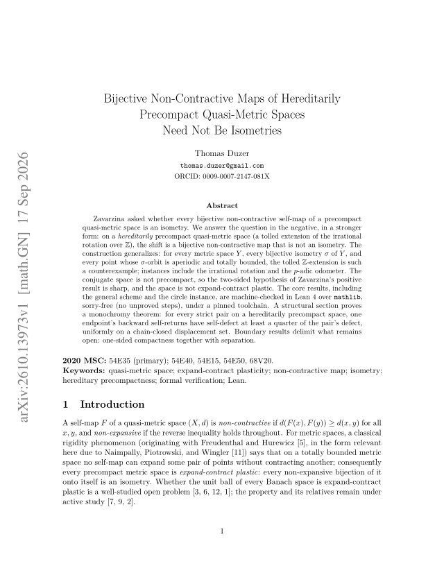 First page of Bijective Non-Contractive Maps of Hereditarily Precompact Quasi-Metric Spaces Need Not Be Isometries