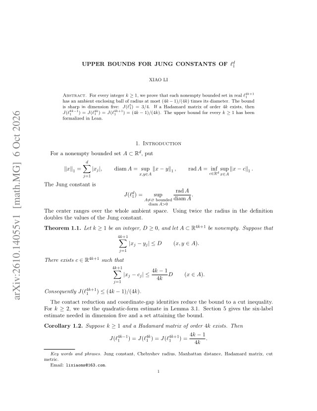 First page of Upper bounds for Jung constants of $\ell_1^d$