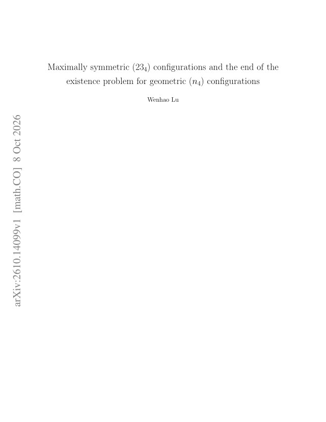 First page of Maximally symmetric $(23_4)$ configurations and the end of the existence problem for geometric $(n_4)$ configurations