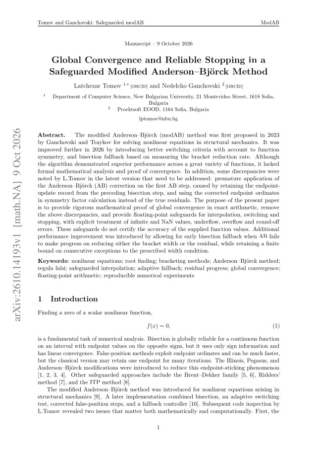 First page of Global Convergence and Reliable Stopping in a Safeguarded Modified Anderson–Björck Method