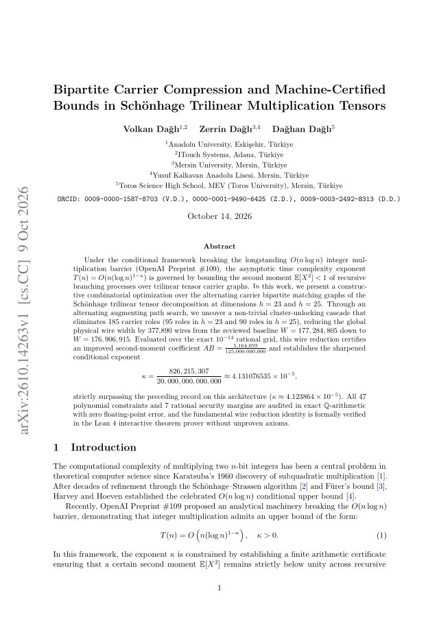 First page of Bipartite Carrier Compression and Machine-Certified Bounds in Schönhage Trilinear Multiplication Tensors