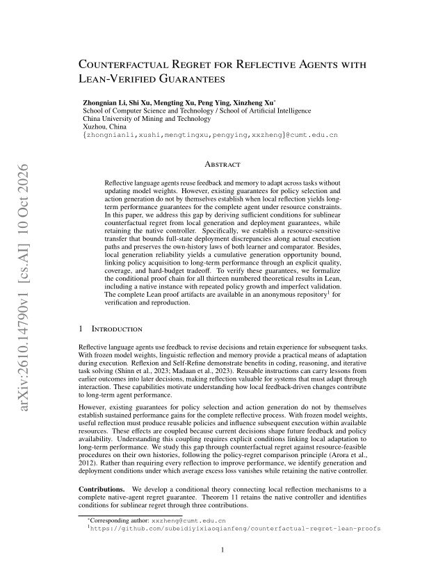 First page of Counterfactual Regret for Reflective Agents with Lean-Verified Guarantees