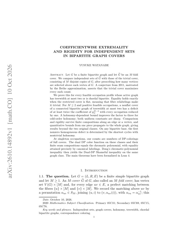 First page of Coefficientwise Extremality and Rigidity for Independent Sets in Bipartite Graph Covers