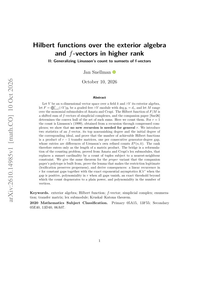 First page of Hilbert functions over the exterior algebra and f-vectors in higher rank II: Generalizing Linusson's count to sumsets of f-vectors