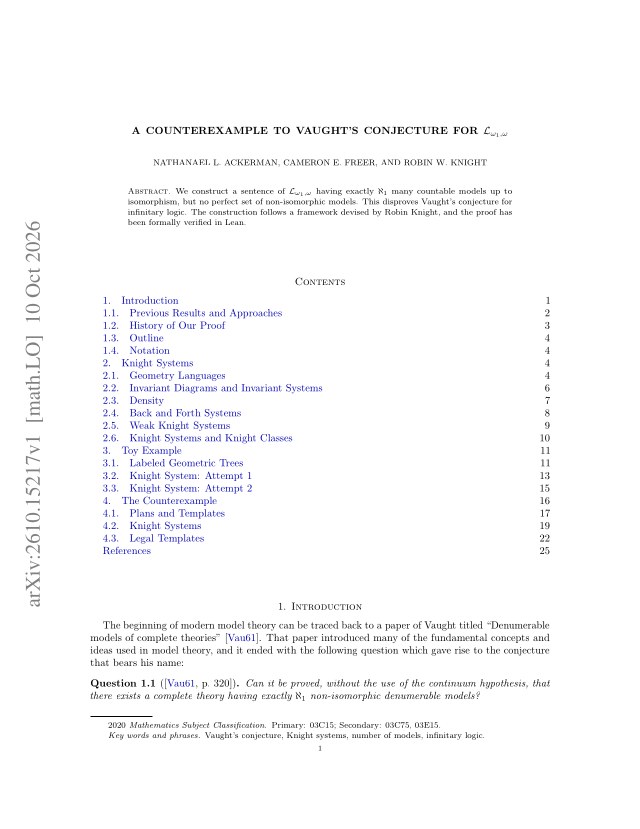 First page of A counterexample to Vaught's Conjecture for $L_{ω_1,ω}$
