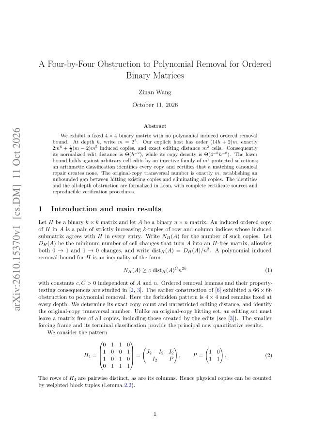 First page of A Four-by-Four Obstruction to Polynomial Removal for Ordered Binary Matrices