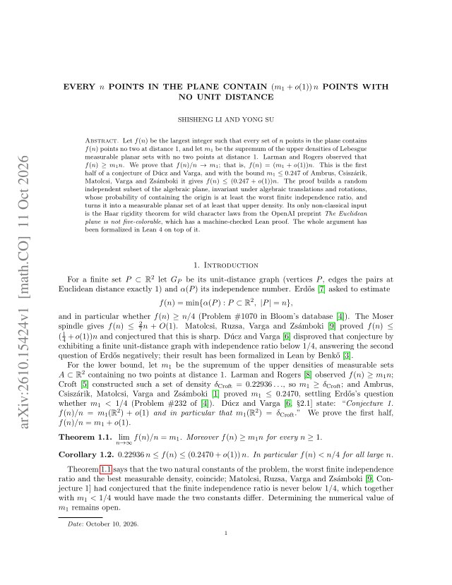 First page of Every n points in the plane contain (m1 + o(1)) n points with no unit distance