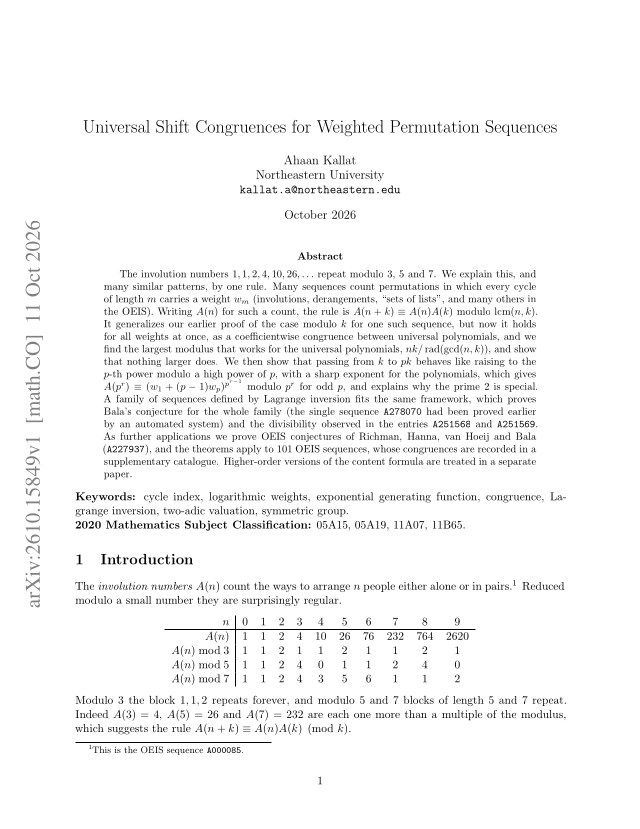 First page of Universal Shift Congruences for Weighted Permutation Sequences