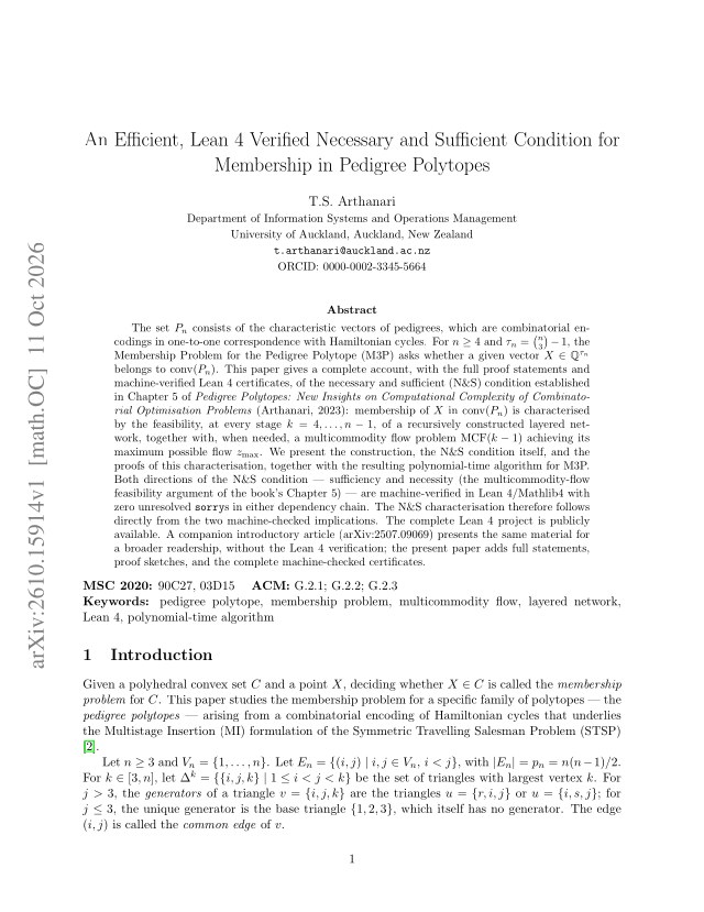 First page of An Efficient, Lean 4 Verified Necessary and Sufficient Condition for Membership in Pedigree Polytopes