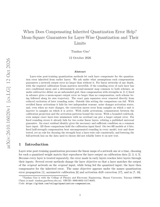 First page of When Does Compensating Inherited Quantization Error Help? Mean-Square Guarantees for Layer-Wise Quantization and Their Limits
