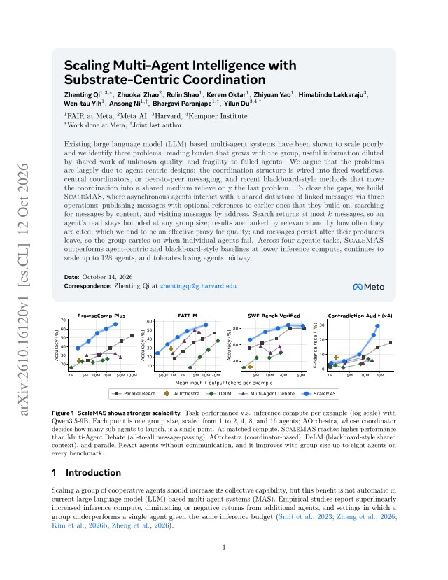 First page of Scaling Multi-Agent Intelligence with Substrate-Centric Coordination