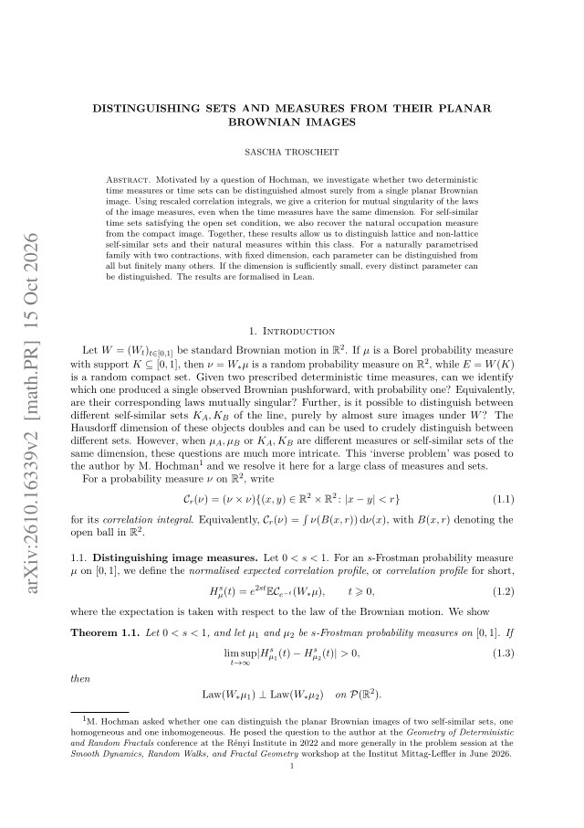First page of Distinguishing sets and measures from their planar Brownian images