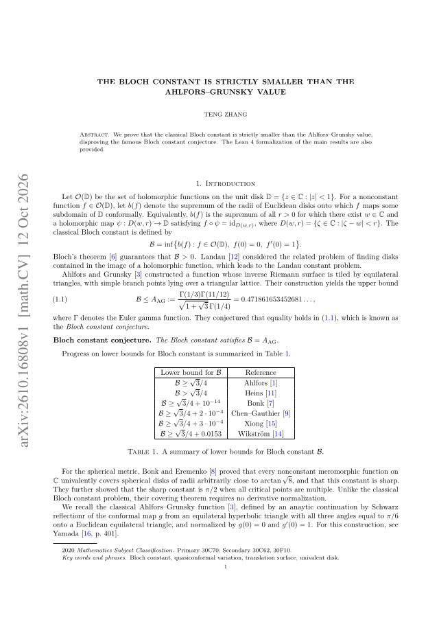 First page of The Bloch constant is strictly smaller than the Ahlfors–Grunsky value