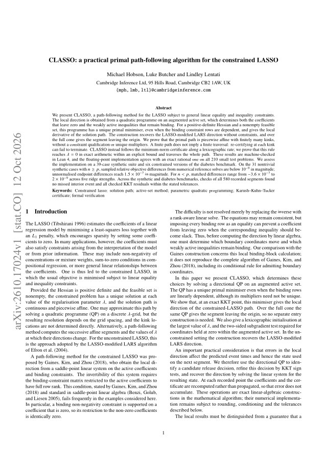 First page of CLASSO: a practical primal path-following algorithm for the constrained LASSO