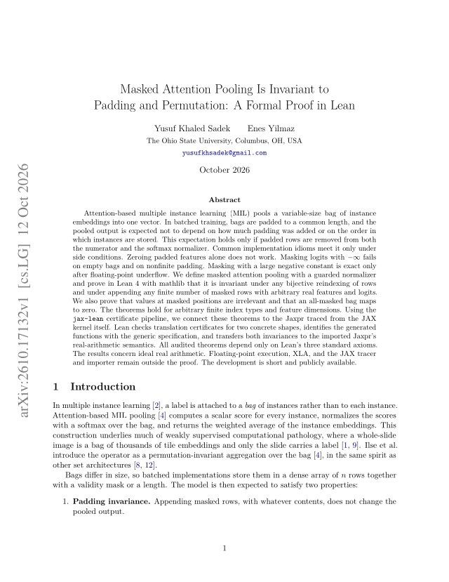 First page of Masked Attention Pooling Is Invariant to Padding and Permutation: A Formal Proof in Lean