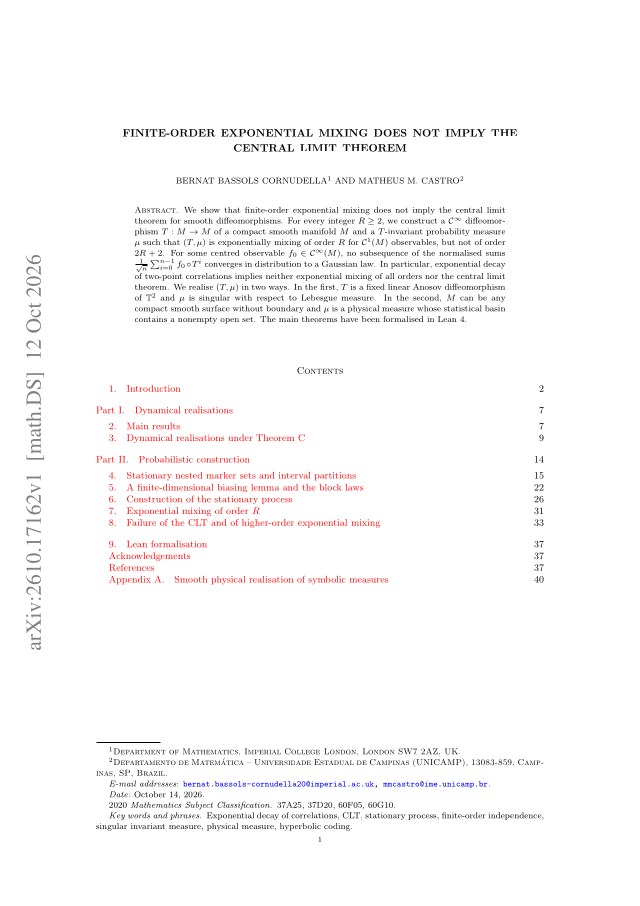 First page of Finite-order exponential mixing does not imply the central limit theorem