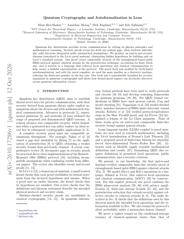 First page of Quantum Cryptography and Autoformalization in Lean