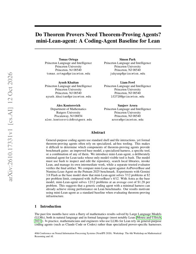 First page of Do Theorem Provers Need Theorem-Proving Agents? mini-Lean-agent: A Coding-Agent Baseline for Lean