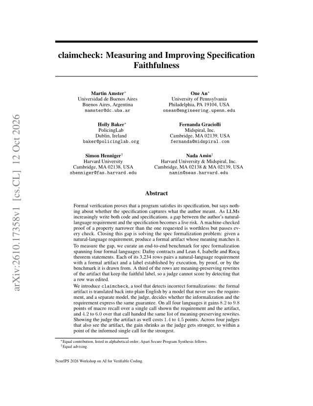 First page of claimcheck: Measuring and Improving Specification Faithfulness