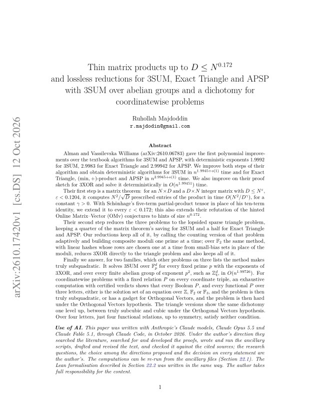 First page of Thin matrix products up to D <= N^0.172 and lossless reductions for 3SUM, Exact Triangle and APSP, with 3SUM over abelian groups and a dichotomy for coordinatewise problems