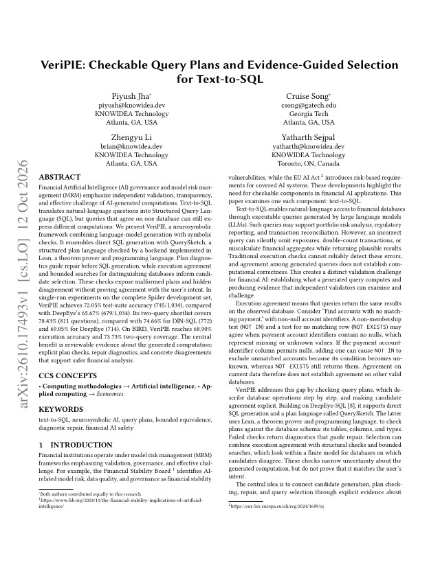 First page of VeriPIE: Checkable Query Plans and Evidence-Guided Selection for Text-to-SQL