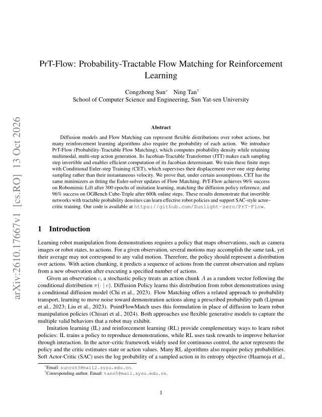 First page of PrT-Flow: Probability-Tractable Flow Matching for Reinforcement Learning