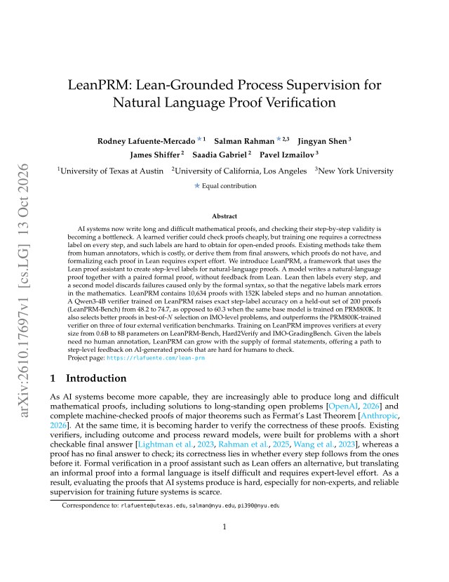 First page of LeanPRM: Lean-Grounded Process Supervision for Natural Language Proof Verification