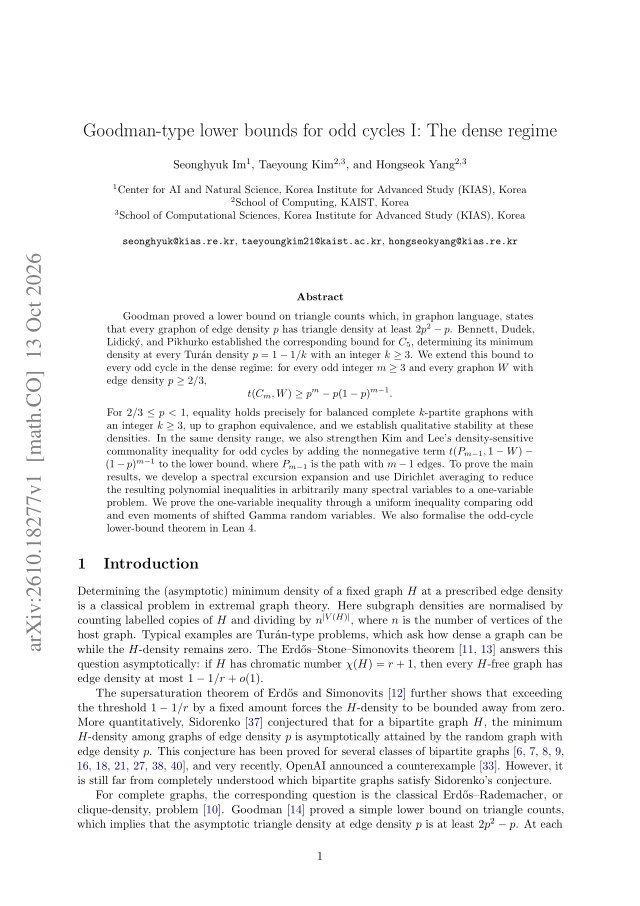 First page of Goodman-type lower bounds for odd cycles I: The dense regime