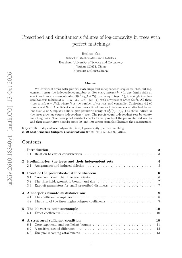 First page of Prescribed and simultaneous failures of log-concavity in trees with perfect matchings