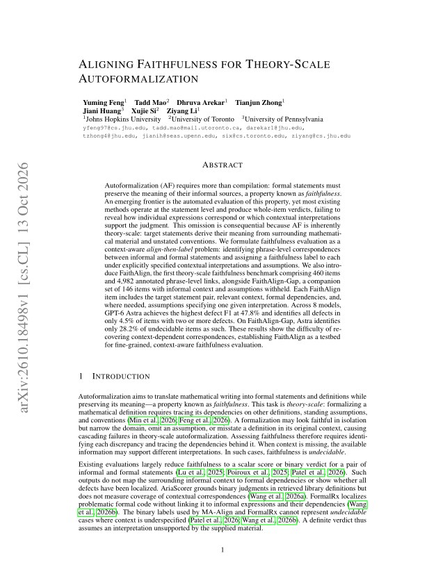 First page of Aligning Faithfulness for Theory-Scale Autoformalization