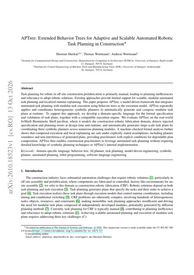 First page of APTree: Extended Behavior Trees for Adaptive and Scalable Automated Robotic Task Planning in Construction
