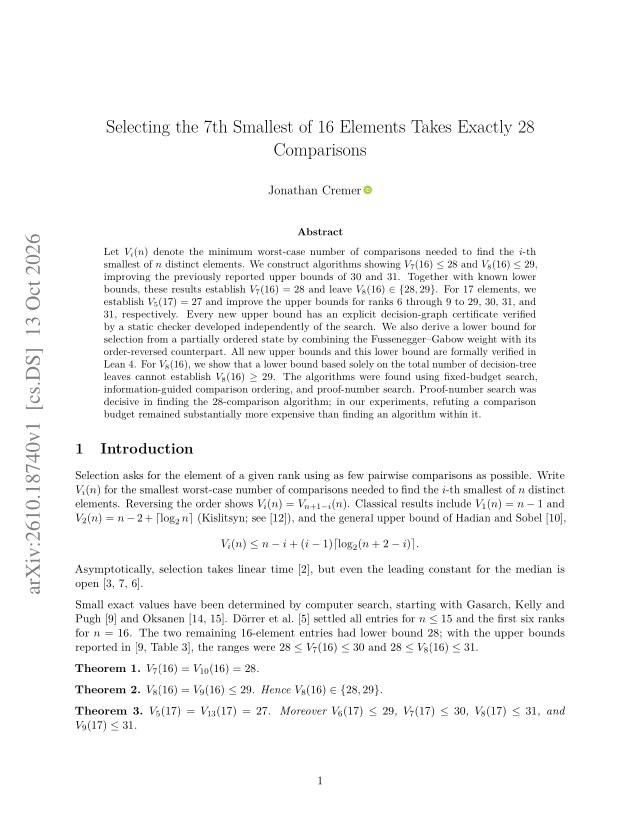 First page of Selecting the 7th Smallest of 16 Elements Takes Exactly 28 Comparisons