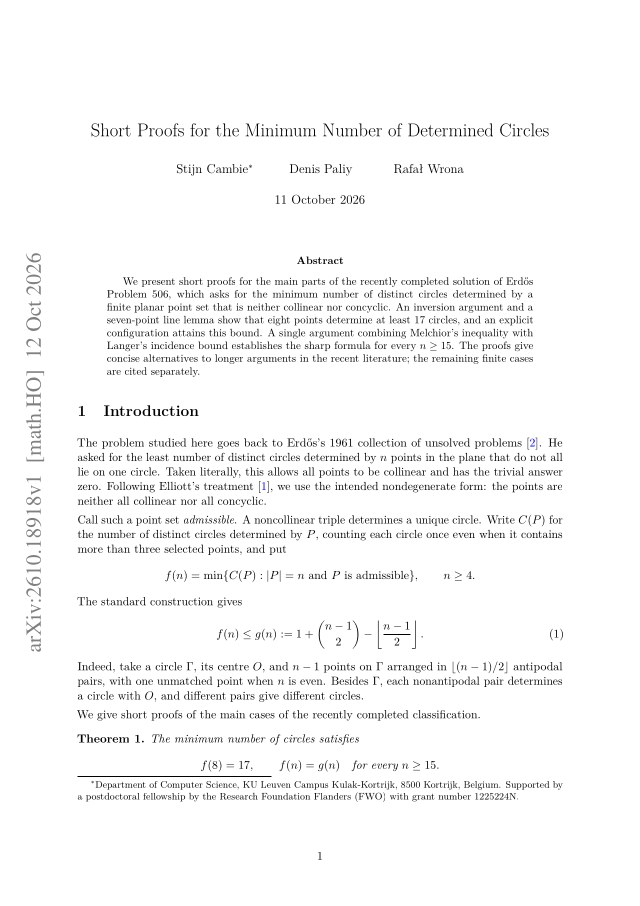 First page of Short Proofs for the Minimum Number of Determined Circles