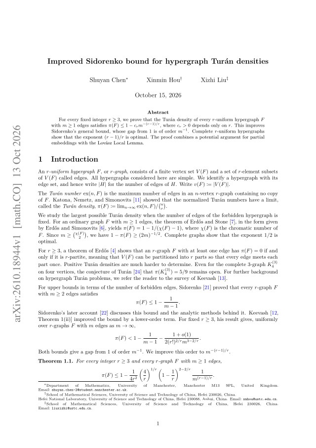 First page of Improved Sidorenko bound for hypergraph Turan densities