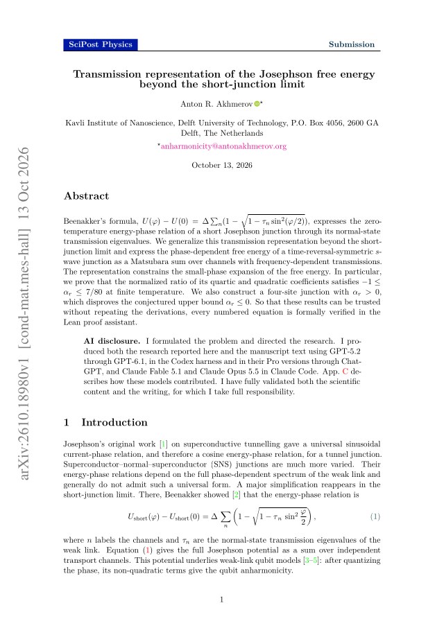 First page of Transmission representation of the Josephson free energy beyond the short-junction limit